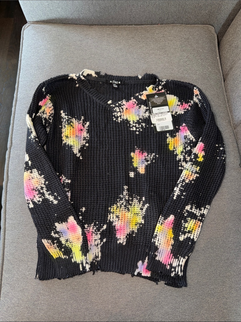 Tie-Dye Distressed V-Neck Sweater - Black with Pink & Yellow Accents